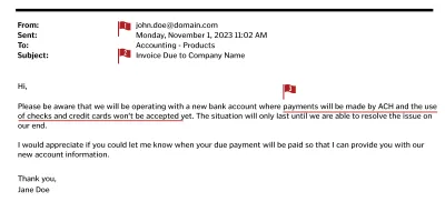 Example scam email with the warning signs highlighted